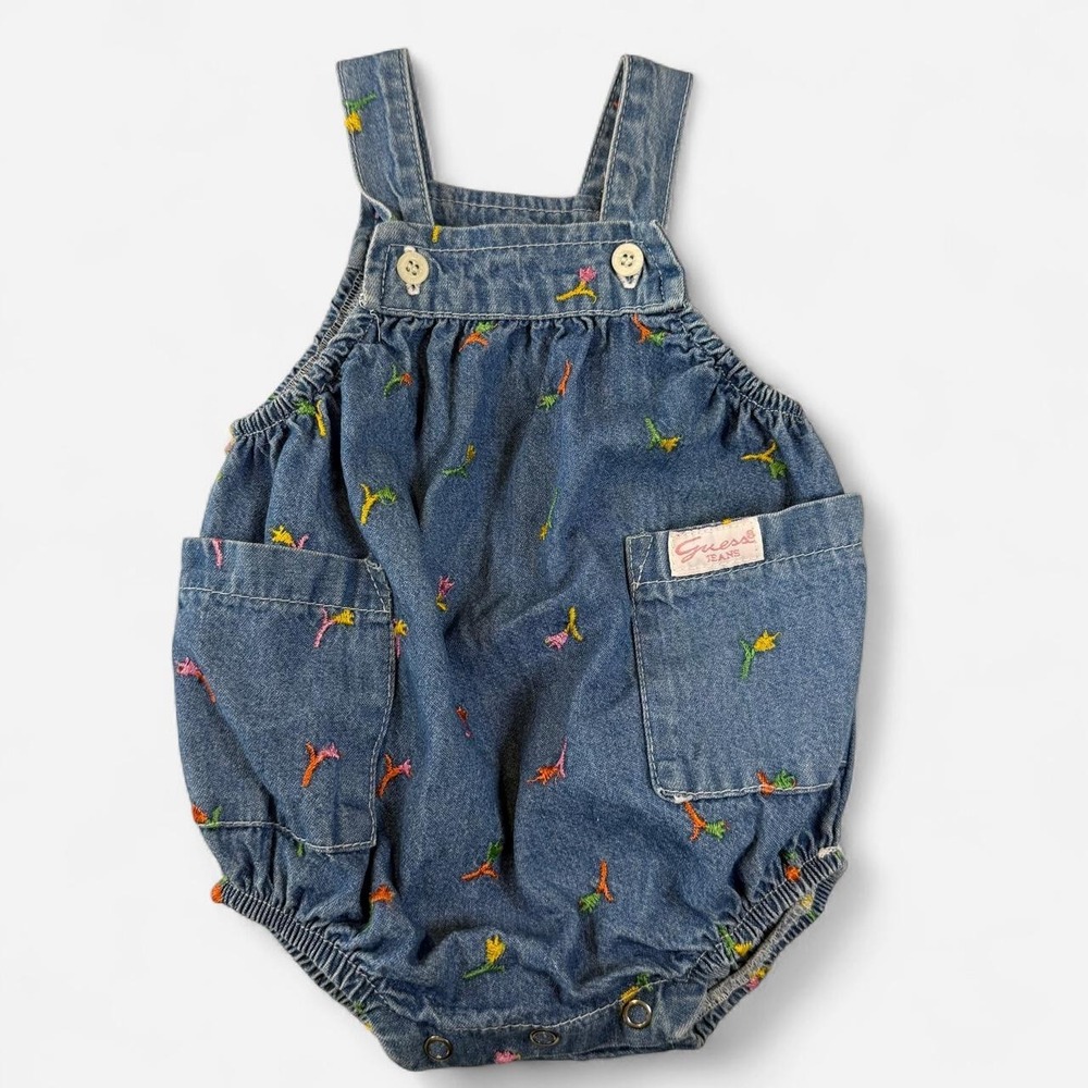 Vintage Guess Jeans Embroidered Denim Baby Bubble Romper Blue 6 Months USA Made